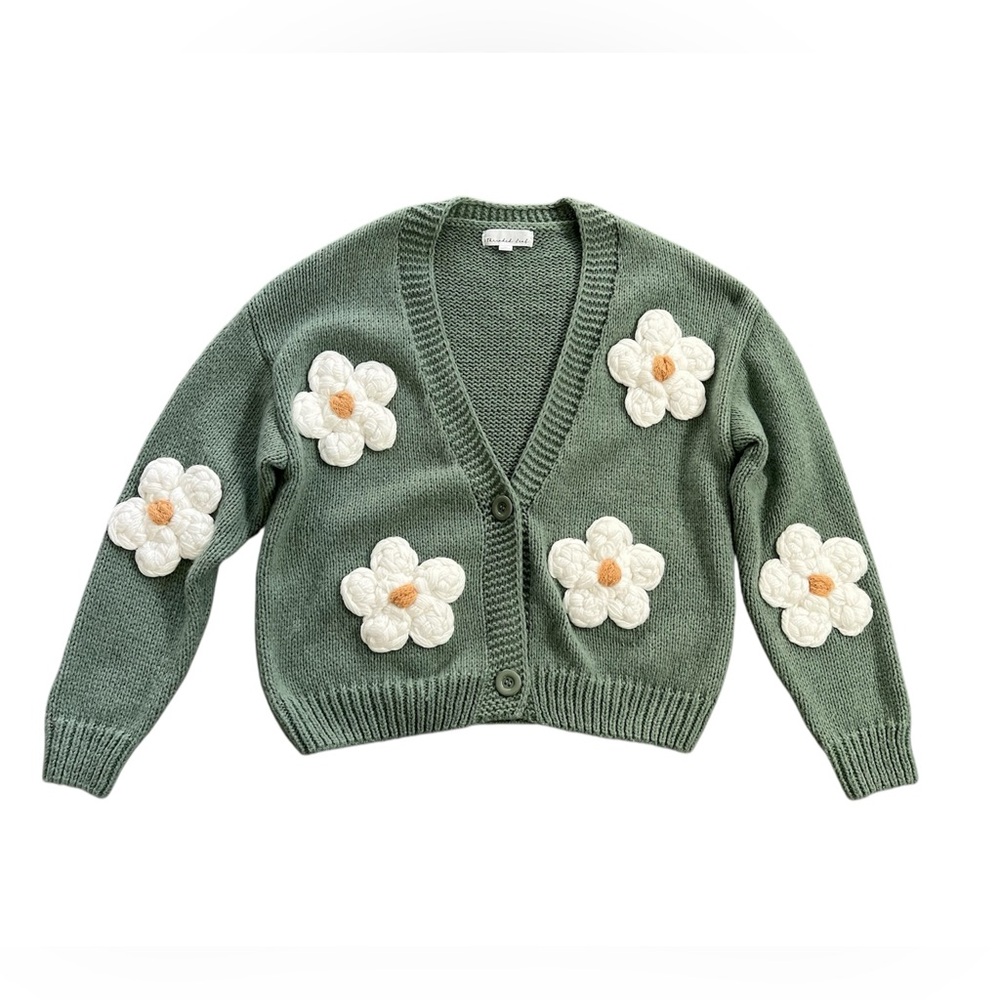 Threaded Leaf Floral Accent Green Oversized Cottagecore Cardigan Sweater Size M